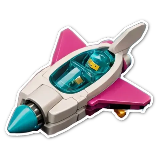 A pink and white plastic toy plane with a yellow figure in the cockpit.