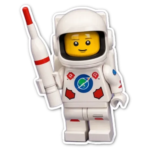 A lego space man holding a rocket.