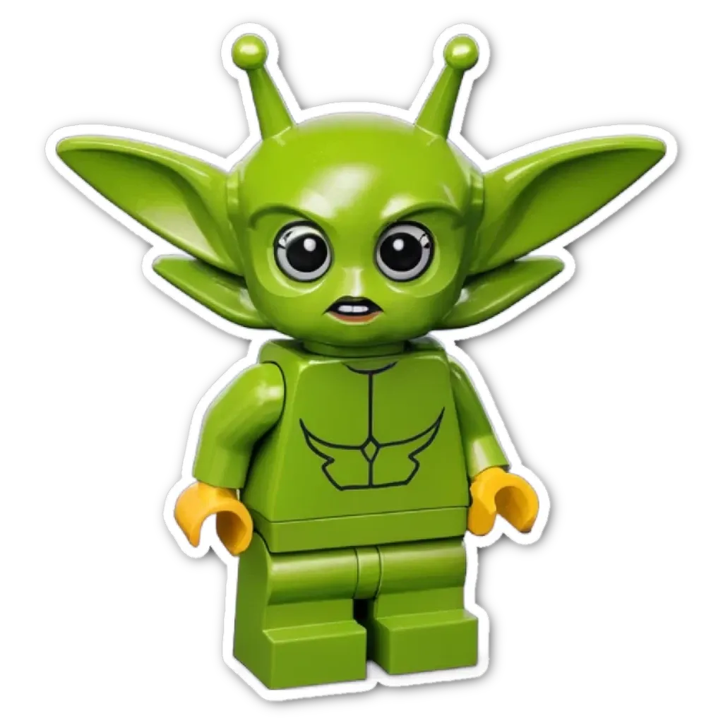 A green lego figure of a baby yob with two yellow arms and legs.