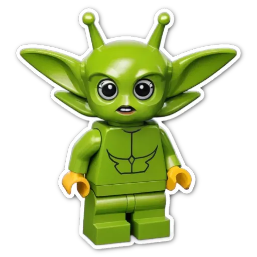 A green lego figure of a baby yob with two yellow arms and legs.