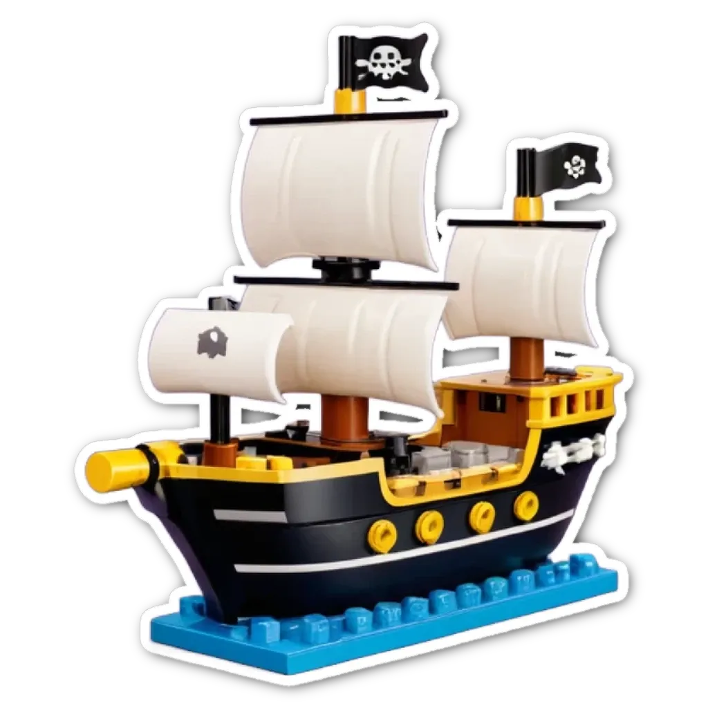 A black and white Lego ship on a white background.