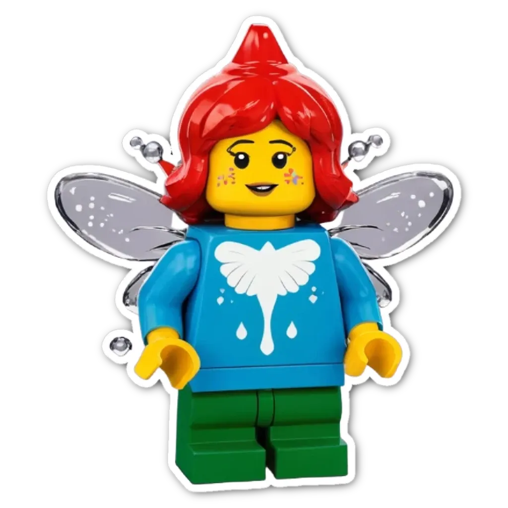 A lego figure of a girl with blue jeans and a blue sweater with winged wings.