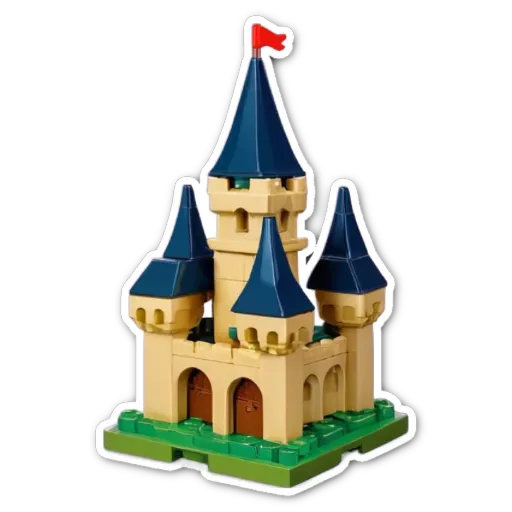 A lego castle with blue towers is on a black background.