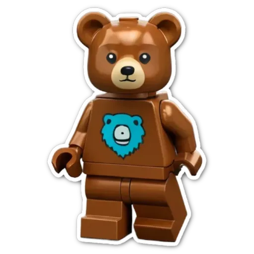 Lego bear on black background with blue eyes and a blue mouth.