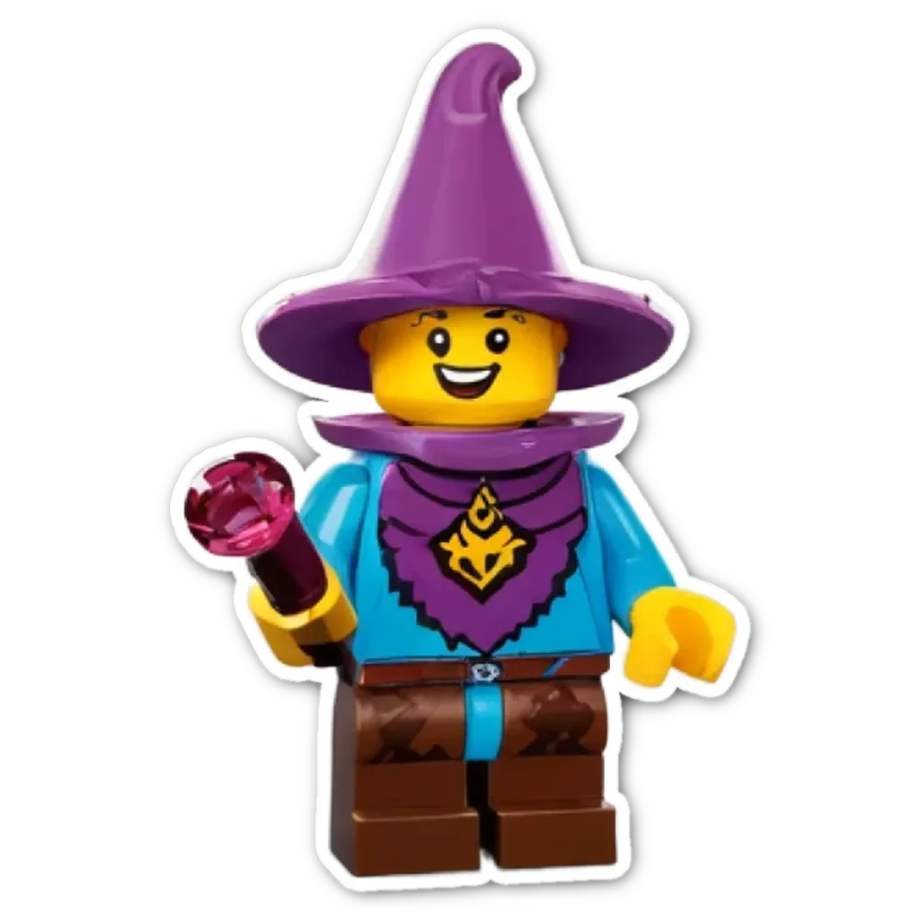 A Lego figure with a purple hat holding a staff.