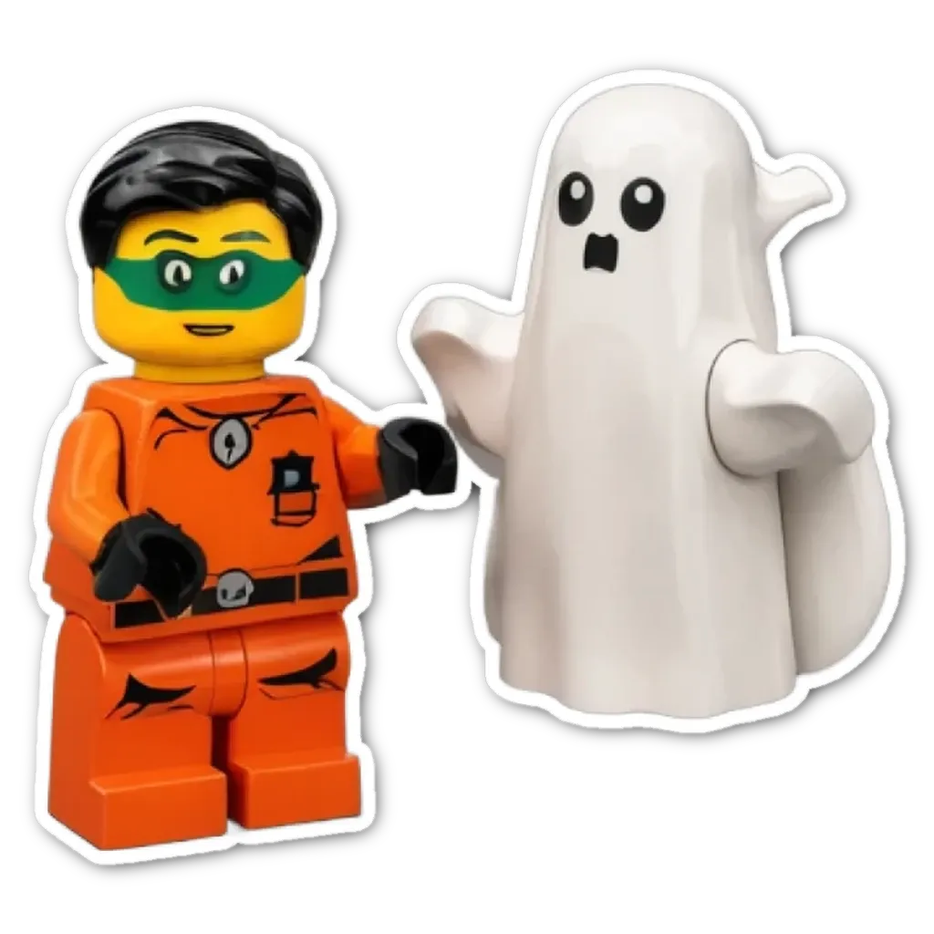 A lego ghost and boy with green glasses.