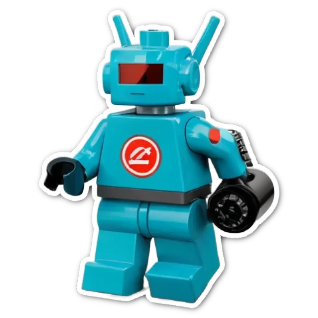 A blue lego man with a red circle on his face holding a black object.