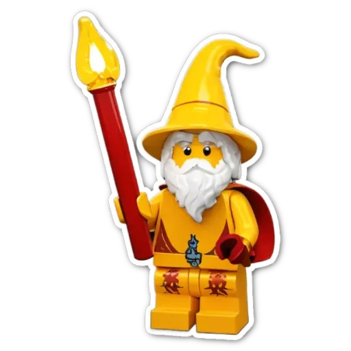 A yellow lego with a wizard hat holding a red stick.