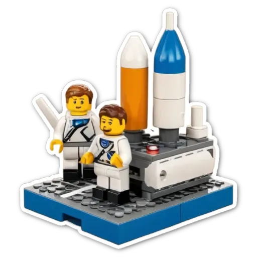 Two lego boys standing on a grey platform with model space shuttles in the background.