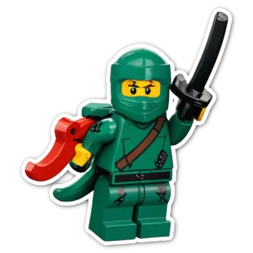 A green lego person with a sword holding it in front of them.