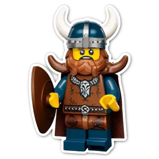 A lego figure of a viking man with a shield.