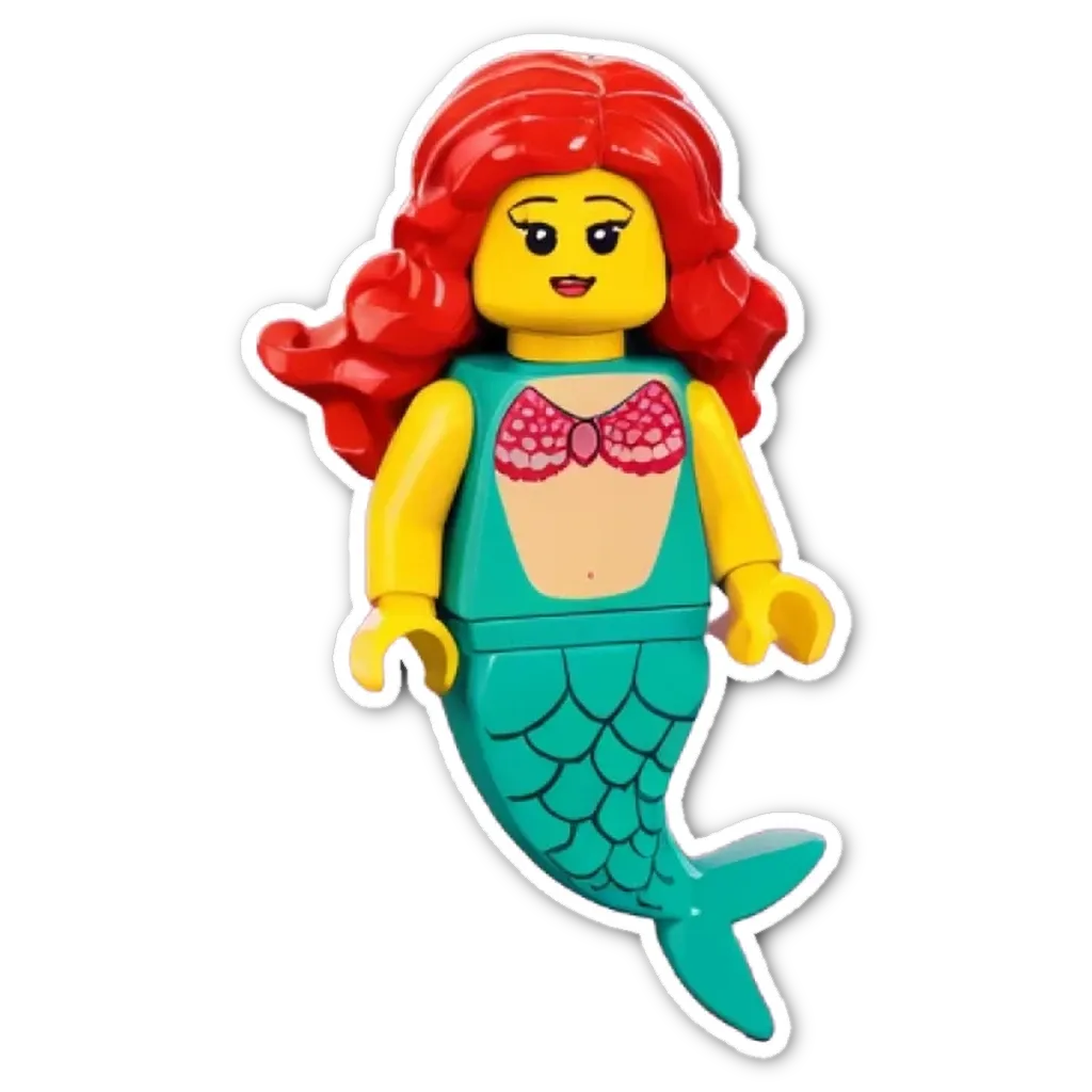 A lego mermaid with a green tail and a red bow on her head.