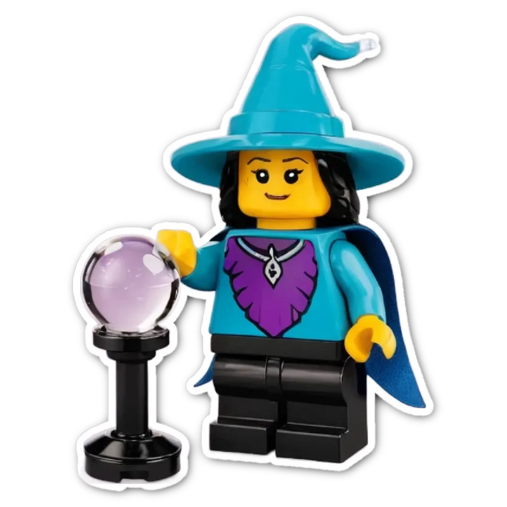 A lego figure of a witch holding a glass ball and a magic staff.