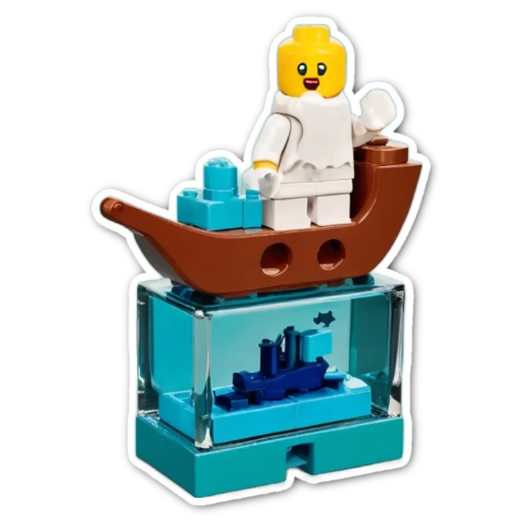 A child's Lego boat in a glass box with yellow legs and a white body.