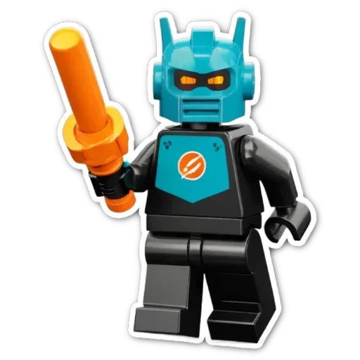 A lego boy holding a sword in a black and blue costume.