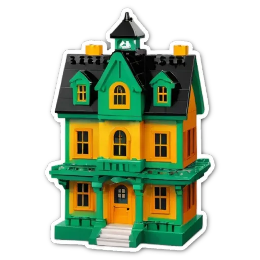 A sticker of a house made of legos with green and orange colors.