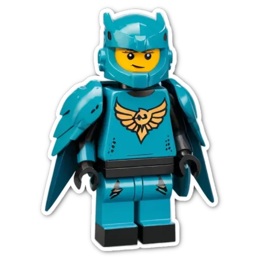 A lego figure with a blue outfit and wings.