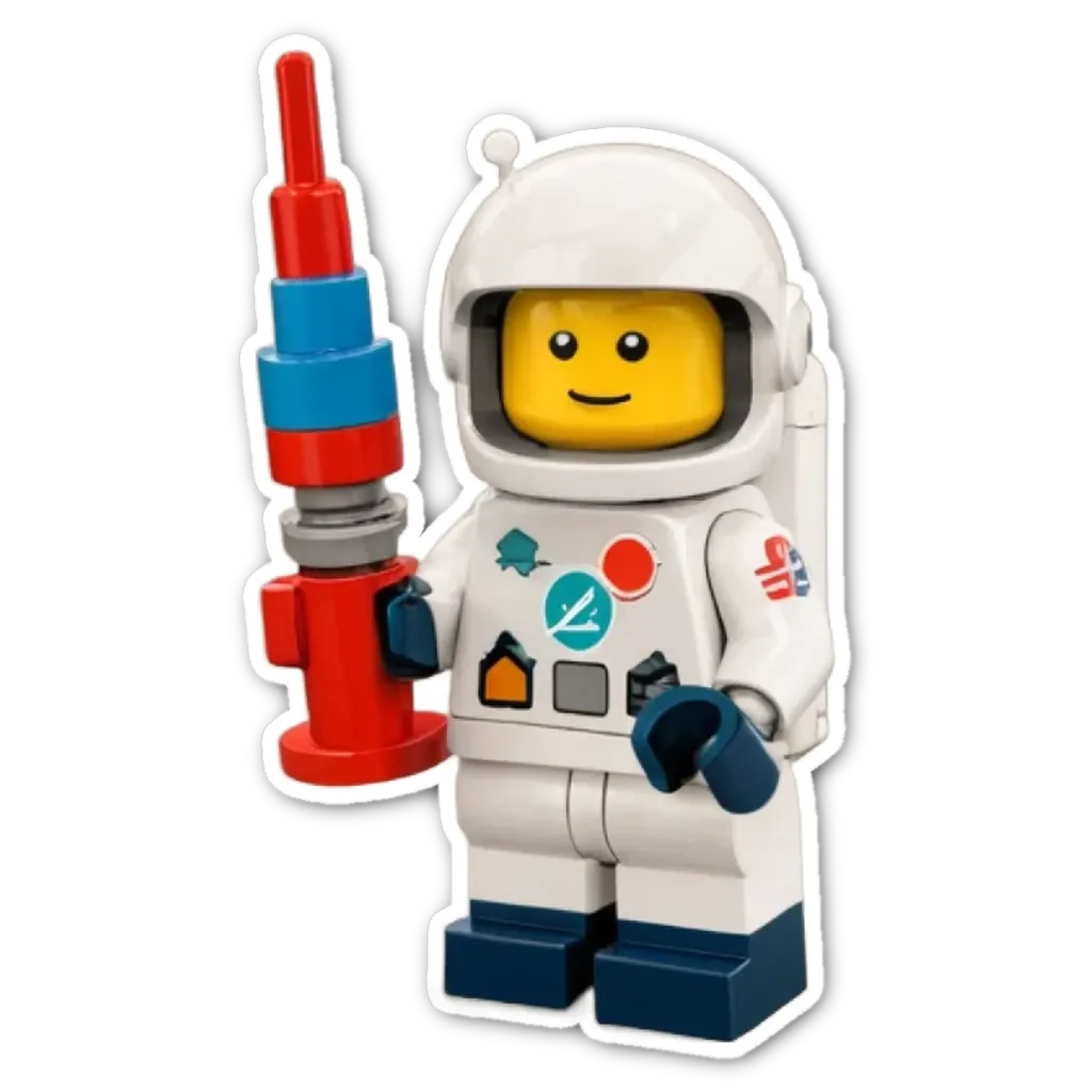 A lego space man holding a red gun.