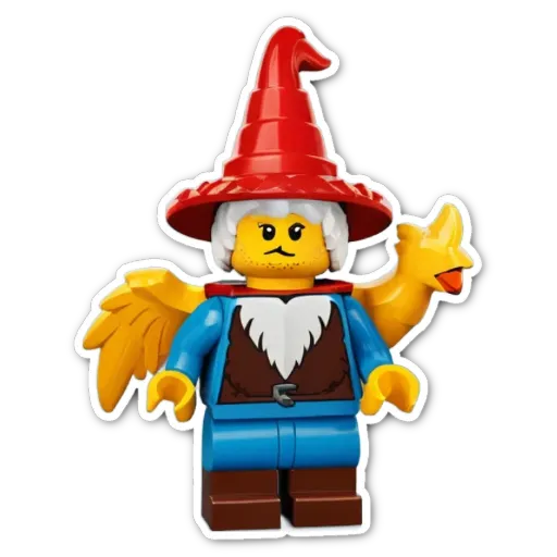 A lego figure of a wizard wearing a red hat.