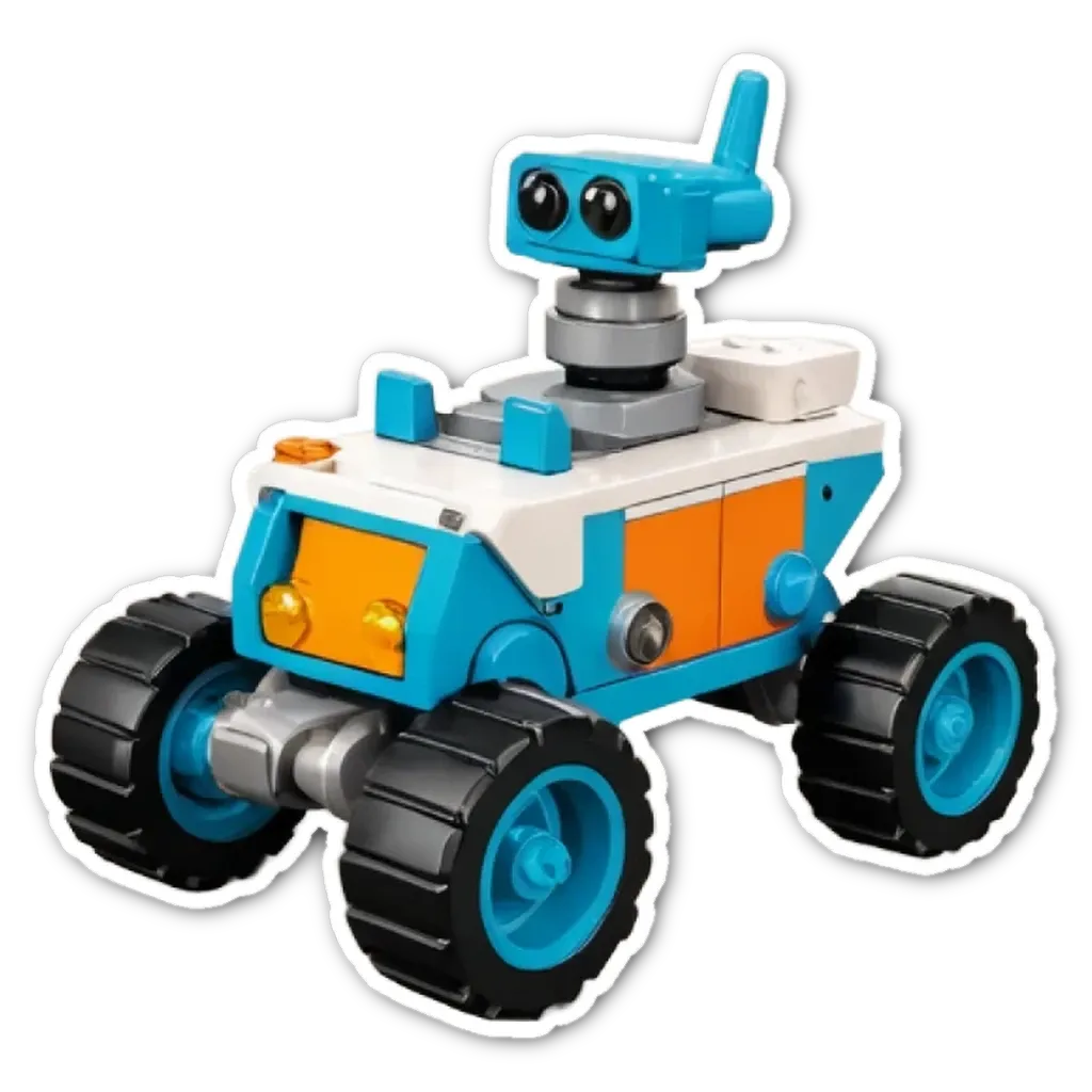 A lego vehicle with blue front and orange rear.