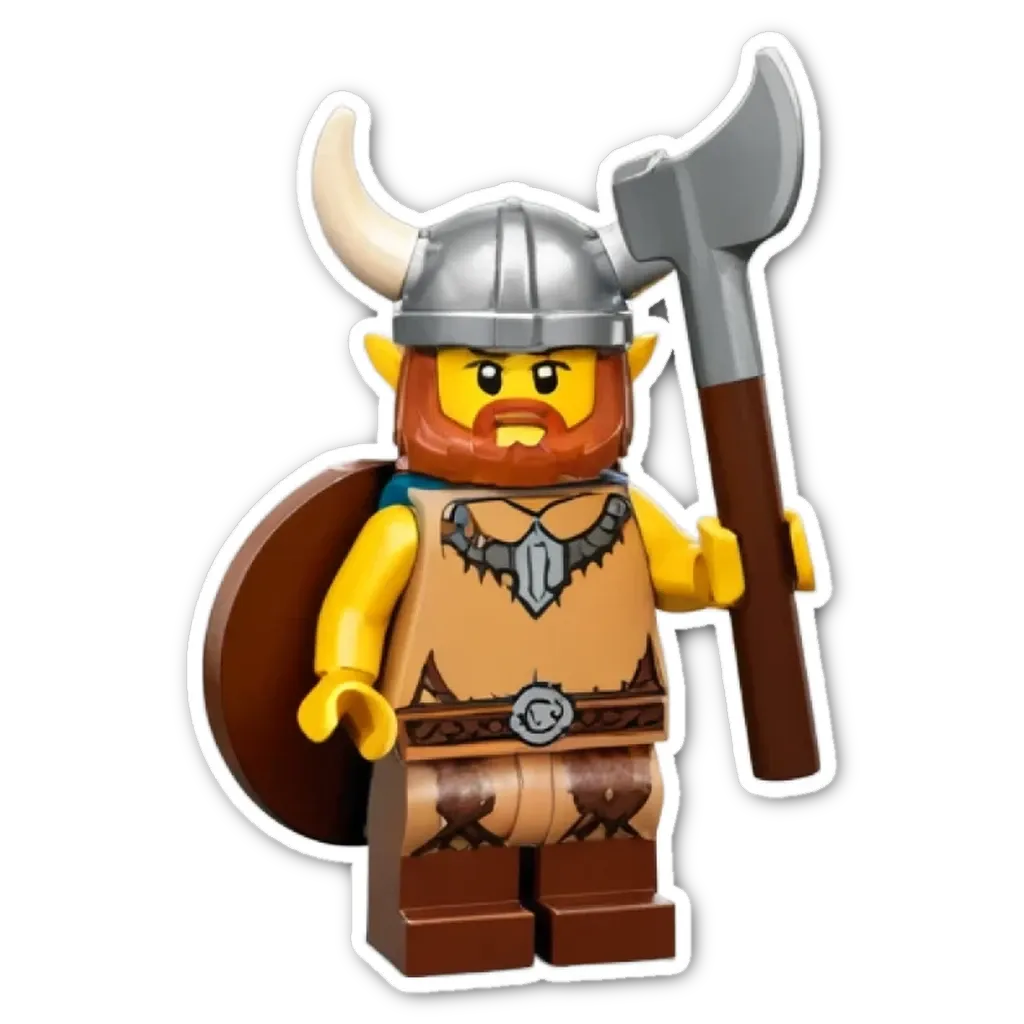 A lego figure of a viking man holding a wooden sword.