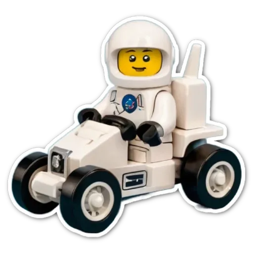 A lego person in a space shuttle driving a lego car.