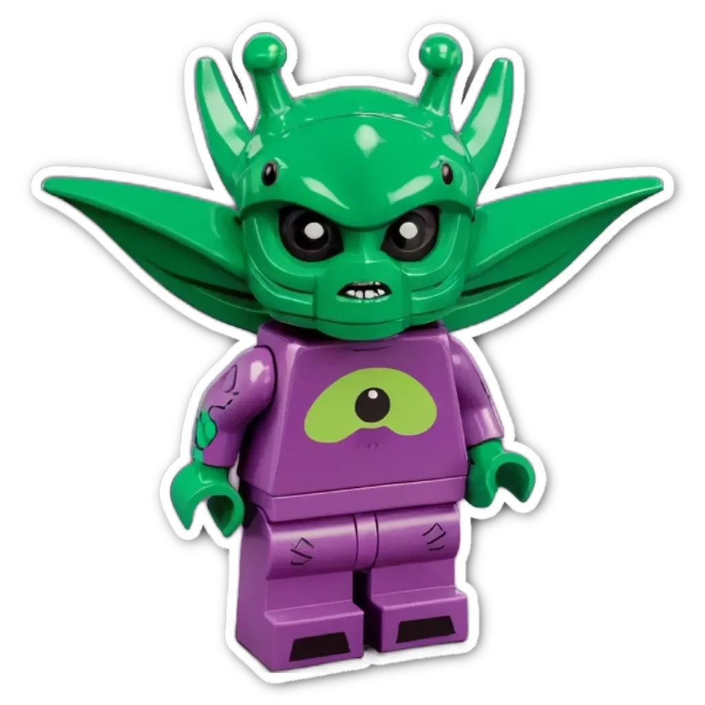 A lego green alien with purple arms and legs standing on a black background.