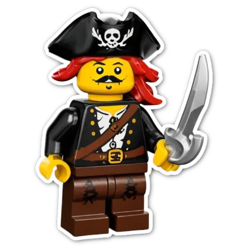 A lego pirate that has a sword that is silver.