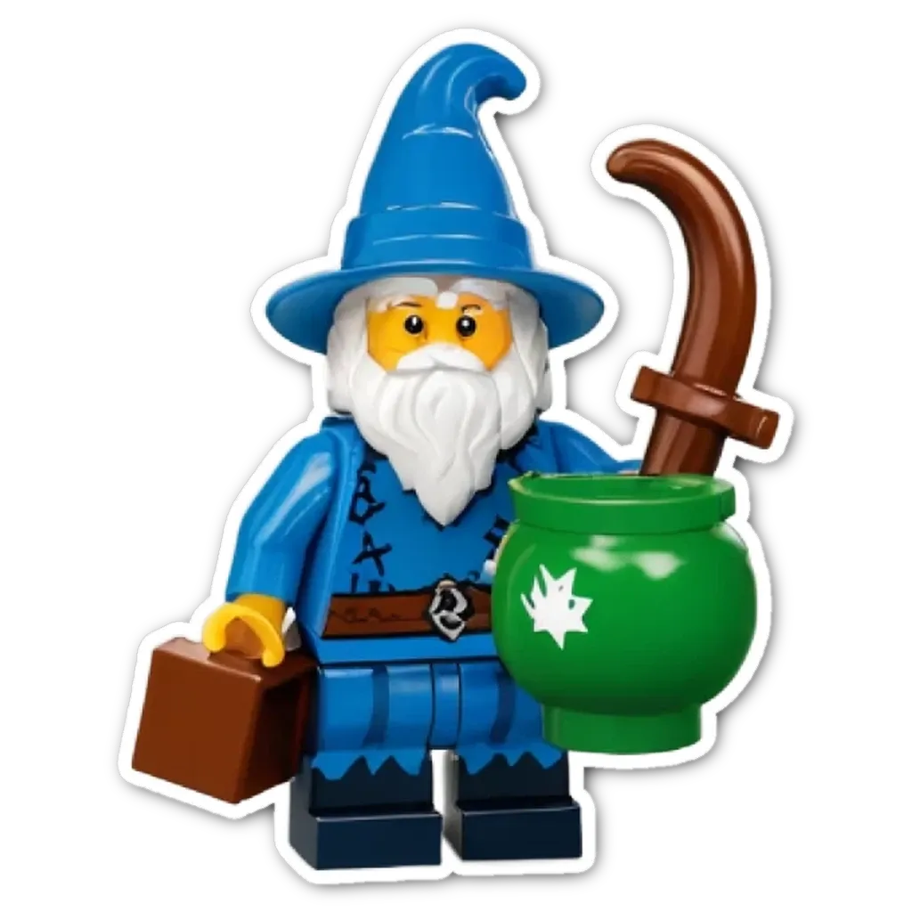 A lego figure with a green bucket and a briefcase.