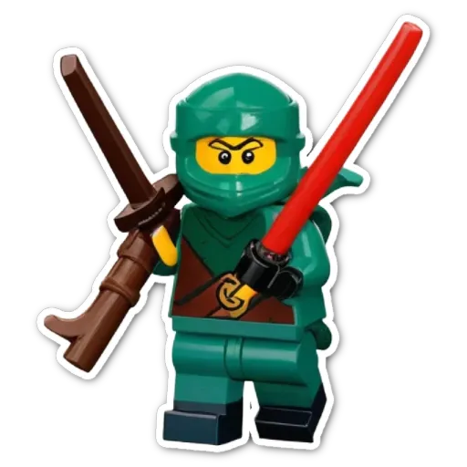 A green lego person with red and black weapons.