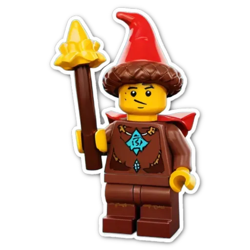 A brown and red lego figure holding a staff.