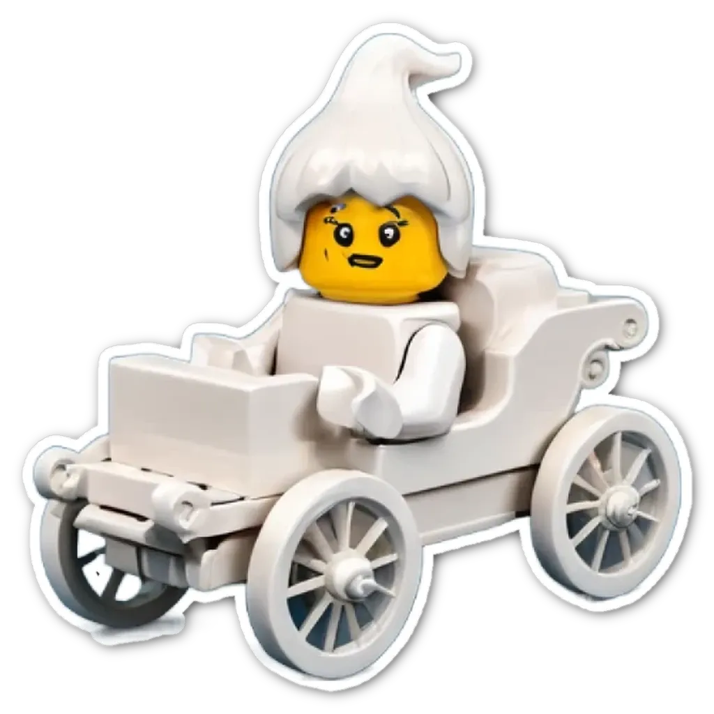 A white lego car with a topsy turvy child in the front.