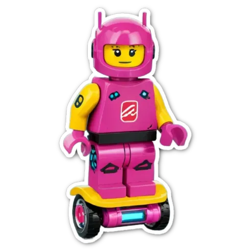 A pink and yellow lego person on a skateboard.