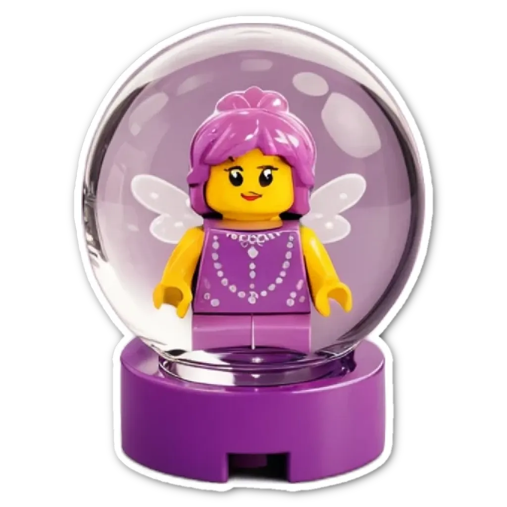 A lego person in a glass globe with a purple dress and wings.