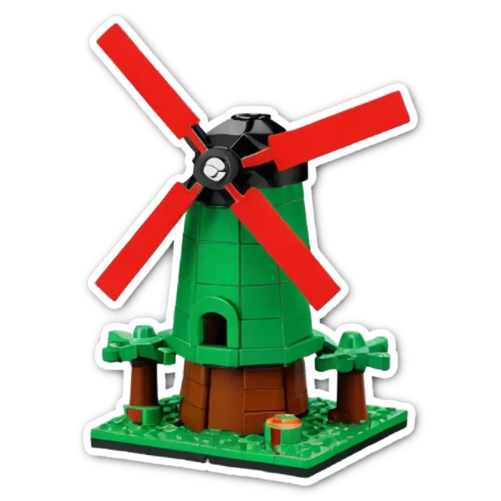 A windmill model that is green and red.