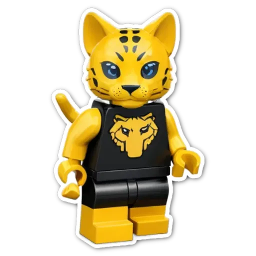 A yellow and black lego cat with a lion in its mouth.