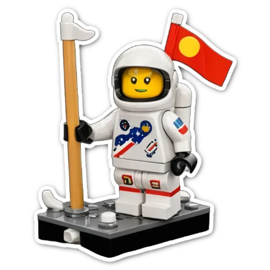 A lego space man holding a flag on a stick.