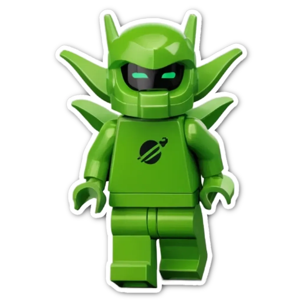 A green lego figure with a spacesuit with a planet on it.