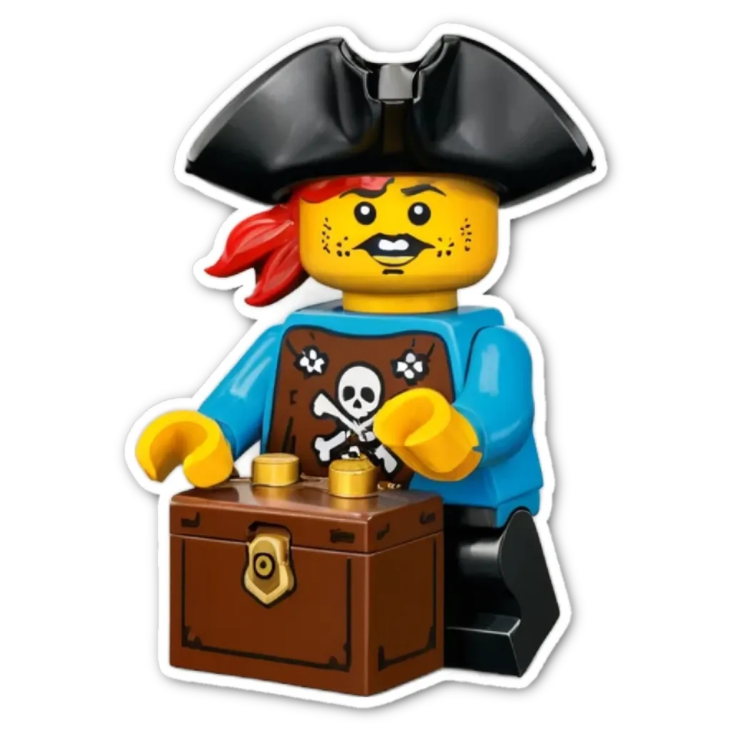 A lego pirate that is holding a chest.