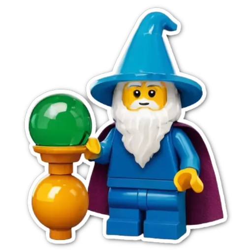 A lego figure of a wizard with a green ball.