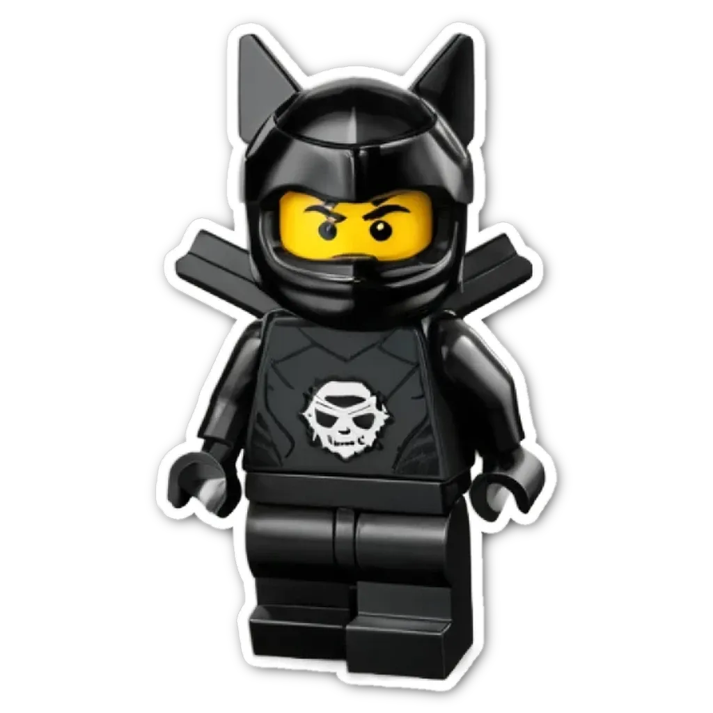 A black lego person with a skull and crossbones on the front.