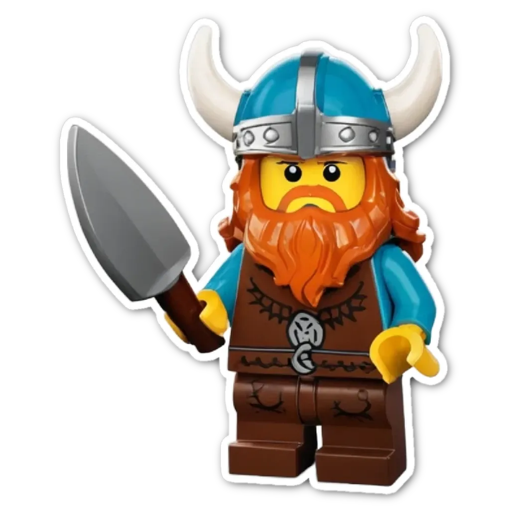 A Lego figure with a sword is wearing a blue helmet.