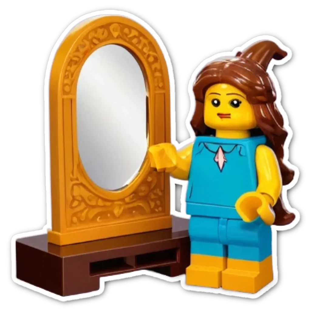 A lego girl looking at her reflection in a mirror.