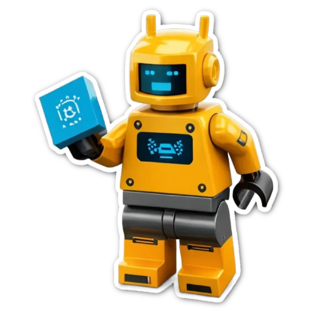 A yellow lego robot holding a blue square with a digital screen.