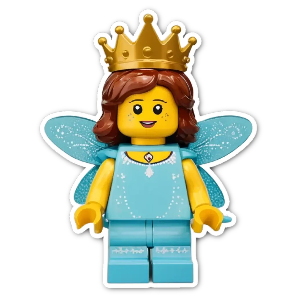 A lego toy wearing a blue dress with wings and a crown.