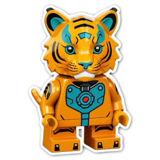 A lego tiger with yellow and blue stripes.