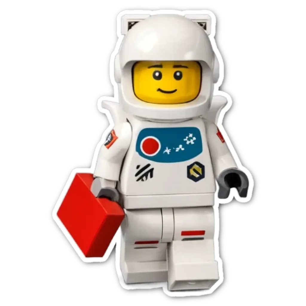 A lego space man holding a red case.