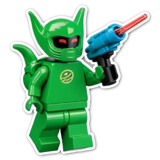 A green lego character holding a gun with red and blue lights.