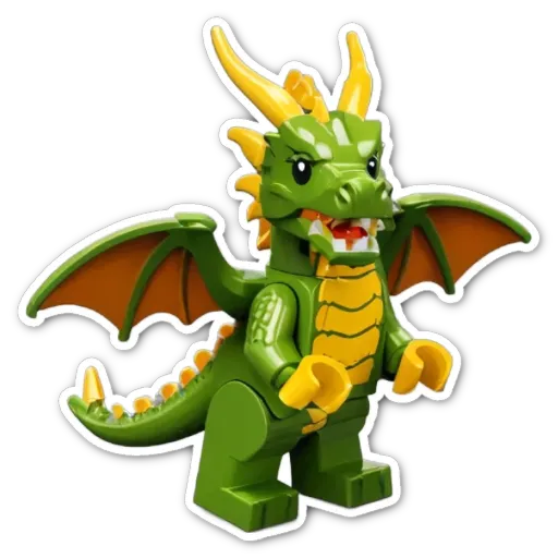 A green lego dragon that is about to eat something.