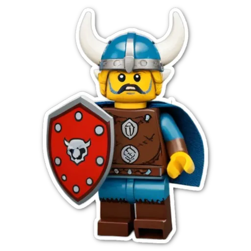 A lego figure holding a shield and wearing a blue and brown costume.